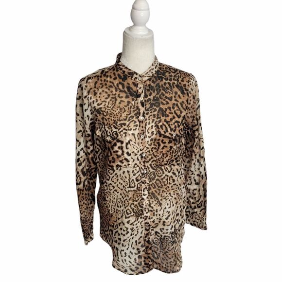 ZARA shirt big cat jaguar print oversized button‎ up cotton top M - Picture 1 of 11
